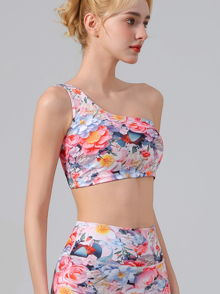 Sexy Fashion One-Shoulder Printed Yoga Vest With Chest Pads And Sports Fitness Cropped Pants Social Buzz eSIMs