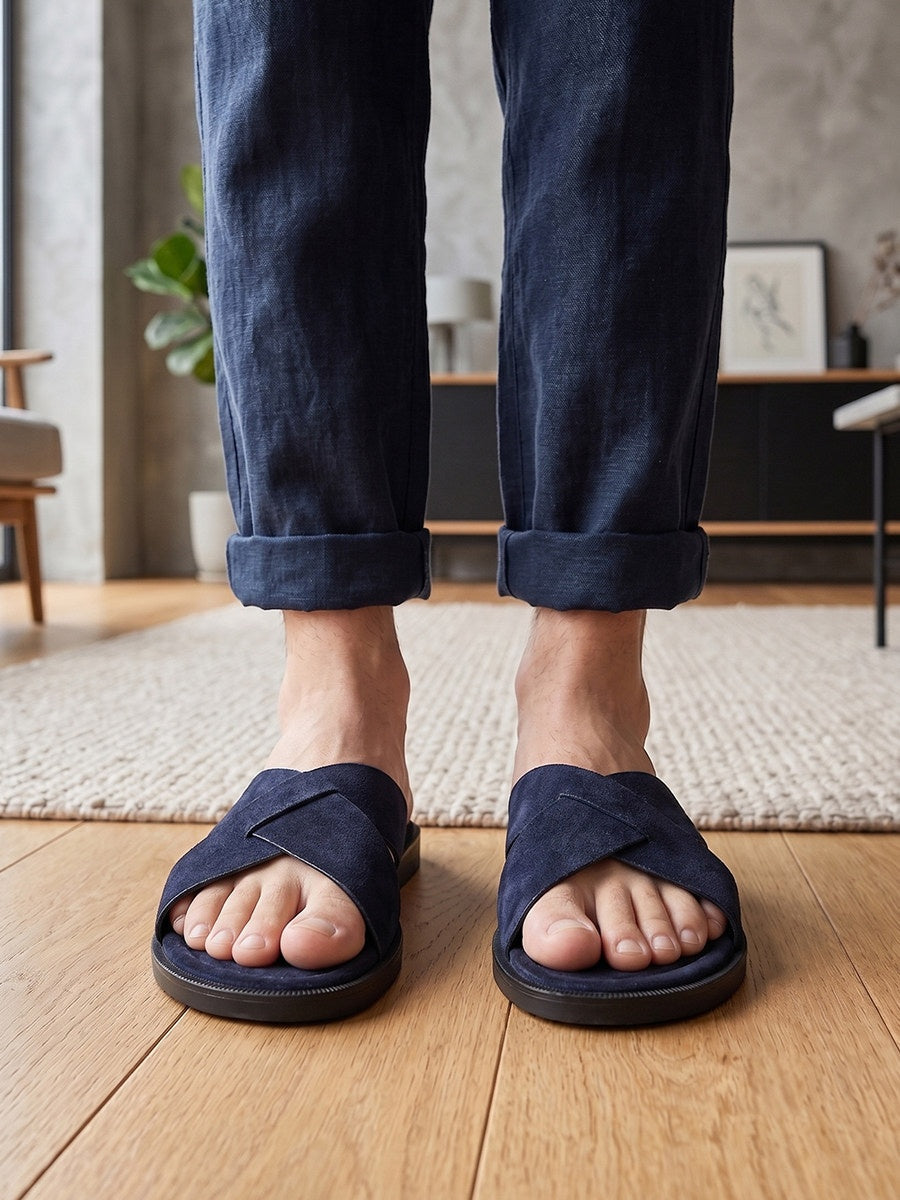 Mens Suede Slippers Summer Outdoor Cross-Strap Sandals