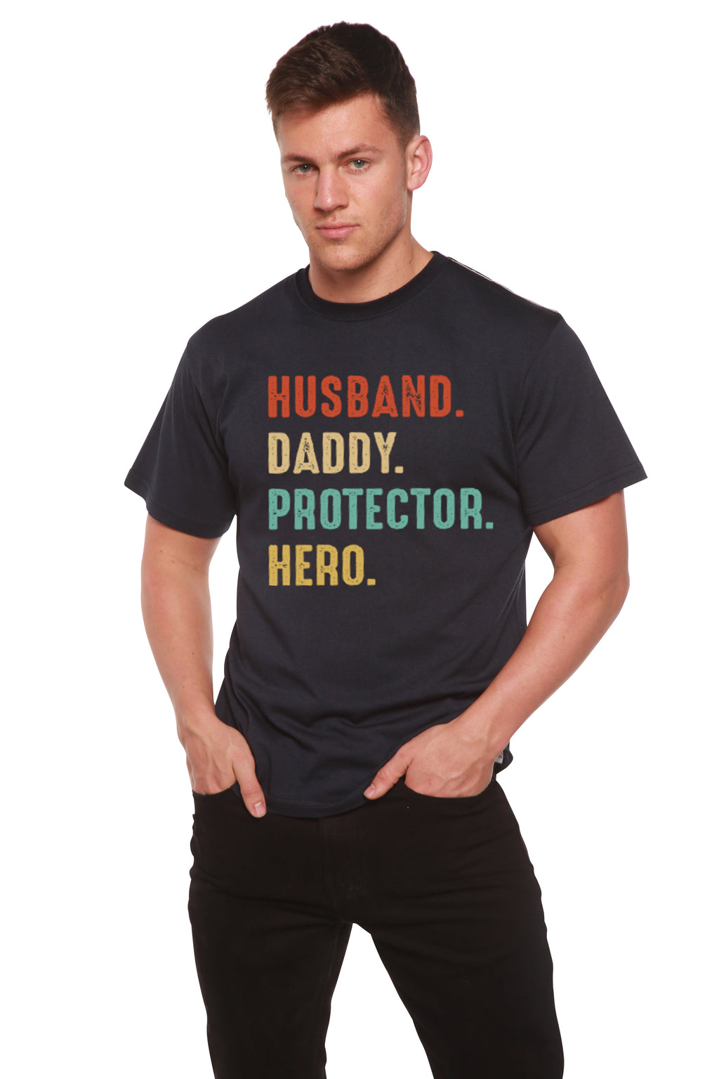Husband, Daddy, Protector, Hero Men's Bamboo Viscose/Organic Cotton Short Sleeve Graphic T-Shirt Spun Bamboo