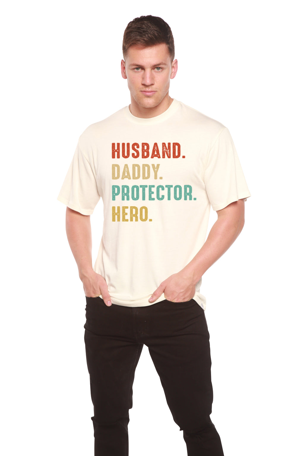 Husband, Daddy, Protector, Hero Men's Bamboo Viscose/Organic Cotton Short Sleeve Graphic T-Shirt Spun Bamboo