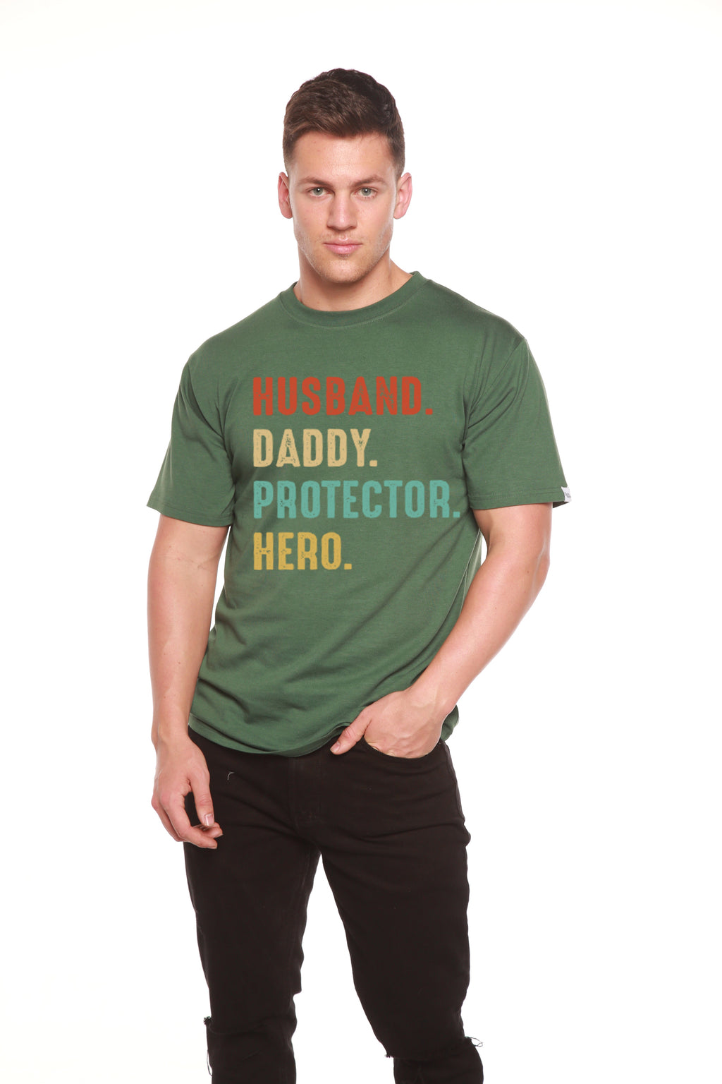 Husband, Daddy, Protector, Hero Men's Bamboo Viscose/Organic Cotton Short Sleeve Graphic T-Shirt Spun Bamboo