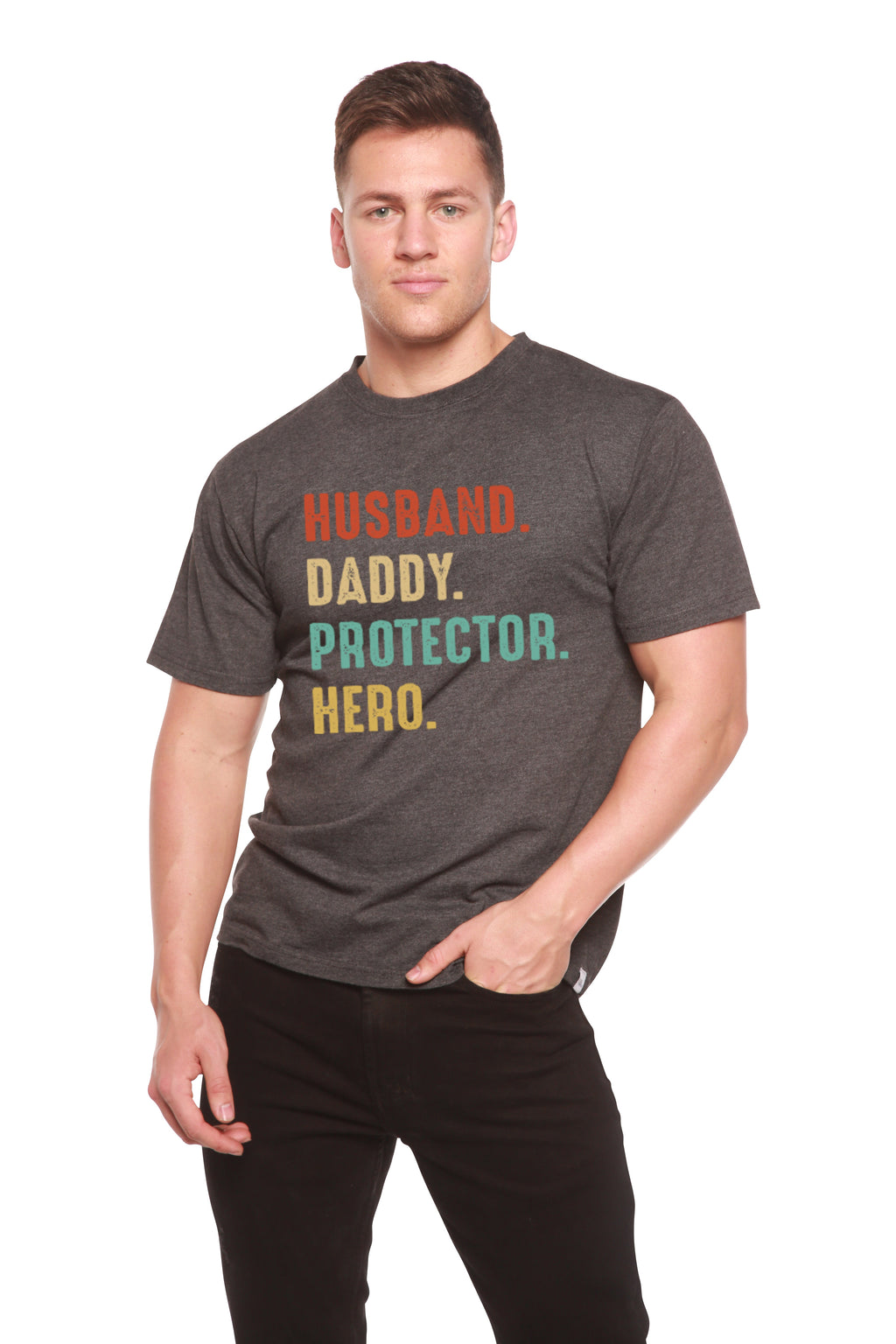 Husband, Daddy, Protector, Hero Men's Bamboo Viscose/Organic Cotton Short Sleeve Graphic T-Shirt Spun Bamboo