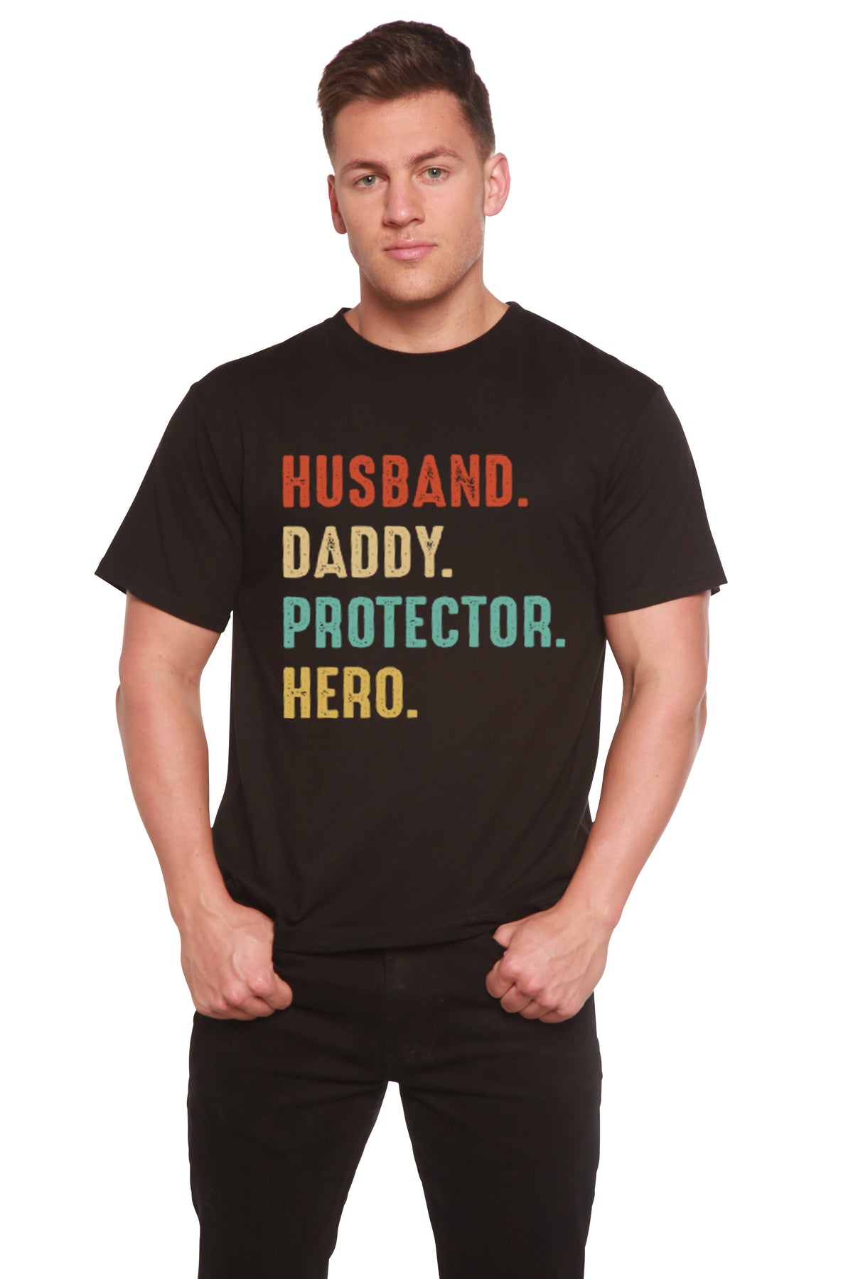 Husband, Daddy, Protector, Hero Men's Bamboo Viscose/Organic Cotton Short Sleeve Graphic T-Shirt Spun Bamboo
