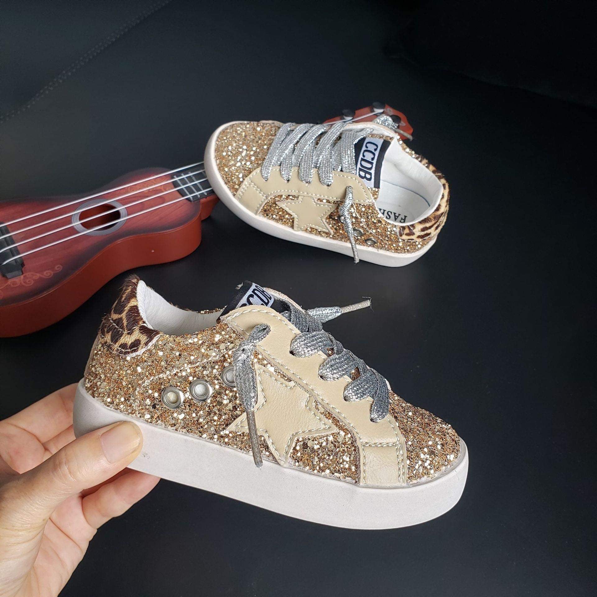 Gold Glitter Cheetah Accent Star Sneakers Torn and Trendy