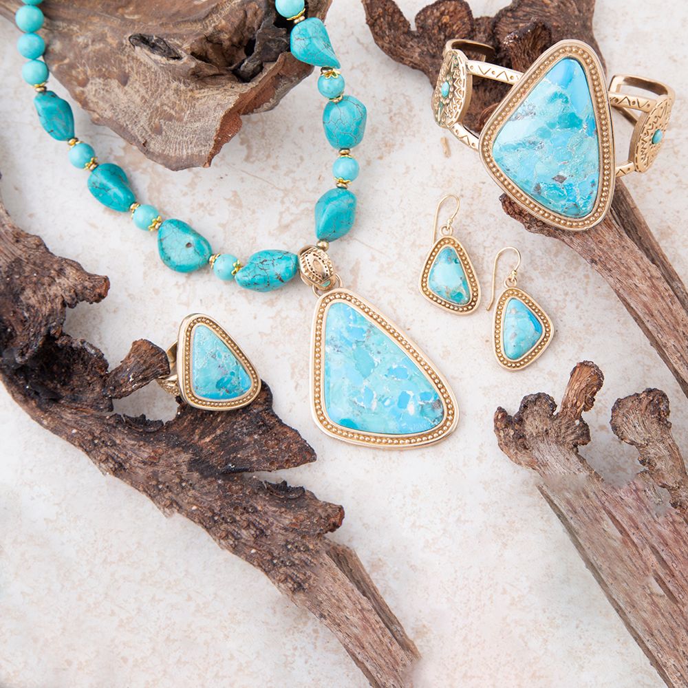 Blue Turquoise Triangle Golden Pendant Necklace Barse Jewelry