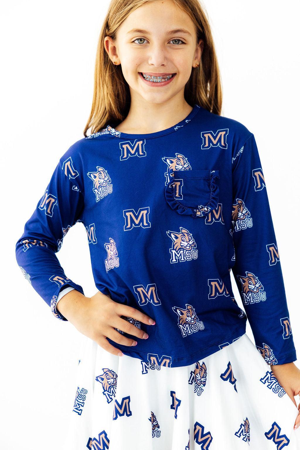 Montana State University Blue Bobcat L/S Ruffle Pocket Tee Mila & Rose ®