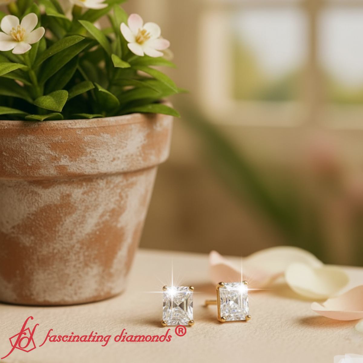 IGI Certified Basket Stud Earrings Set With Radiant Cut Diamonds