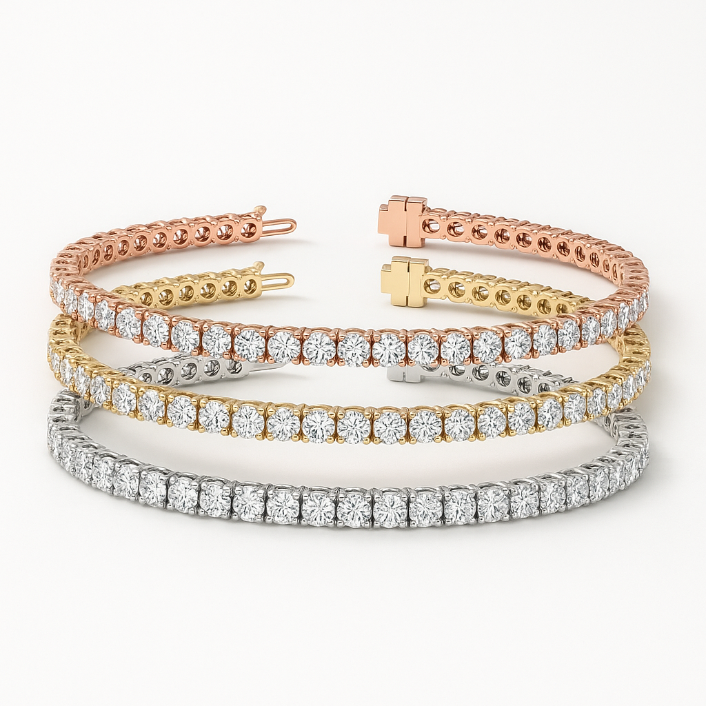Set of Three 6ctw Created Moissanite Tennis Bracelets – 3mm Stones – 14K Gold Overlay in White, Yellow & Rose Gold VossAgin