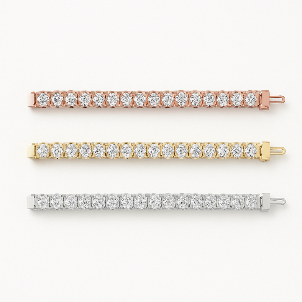 Set of Three 6ctw Created Moissanite Tennis Bracelets – 3mm Stones – 14K Gold Overlay in White, Yellow & Rose Gold VossAgin