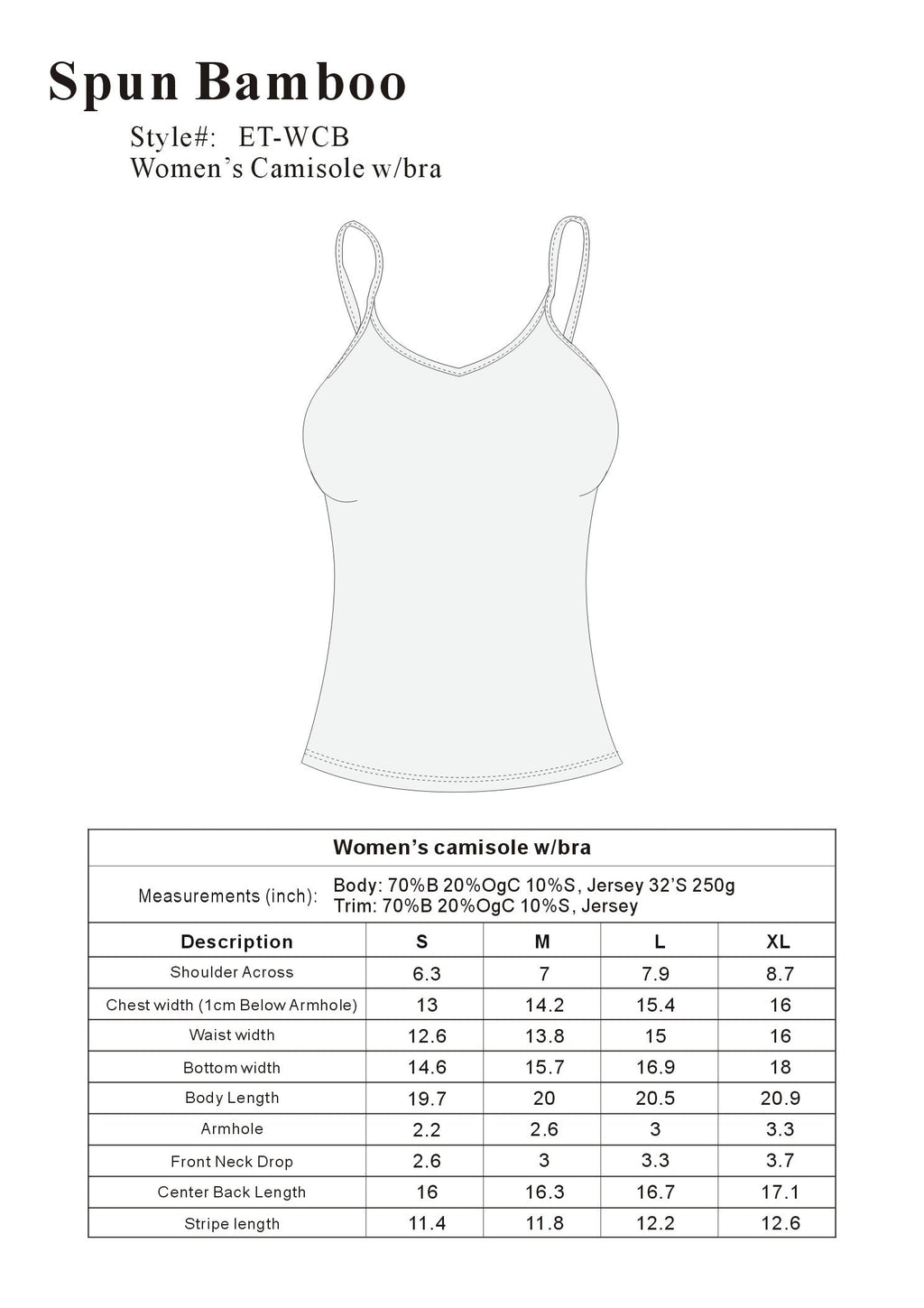 Clearance Women's Bamboo/Cotton Camisole with Shelf Bra Spun Bamboo
