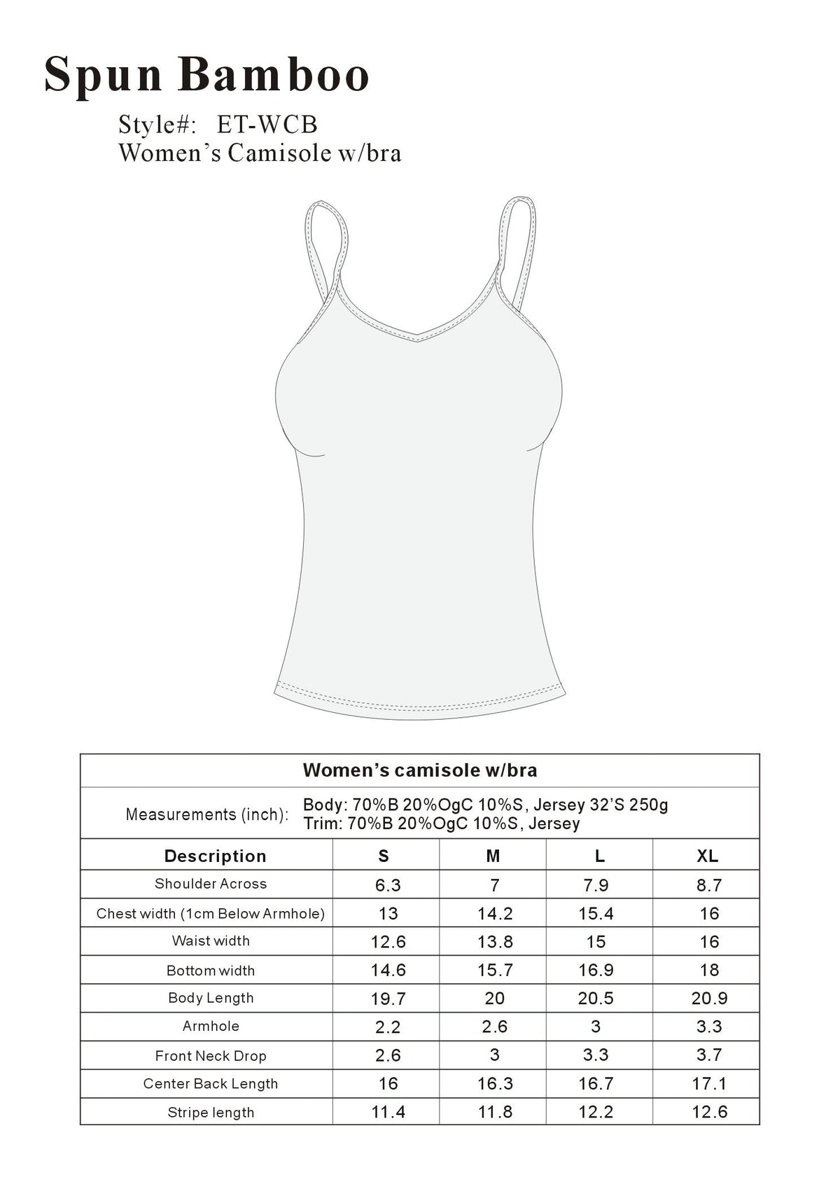 Clearance Women's Bamboo/Cotton Camisole with Shelf Bra Spun Bamboo